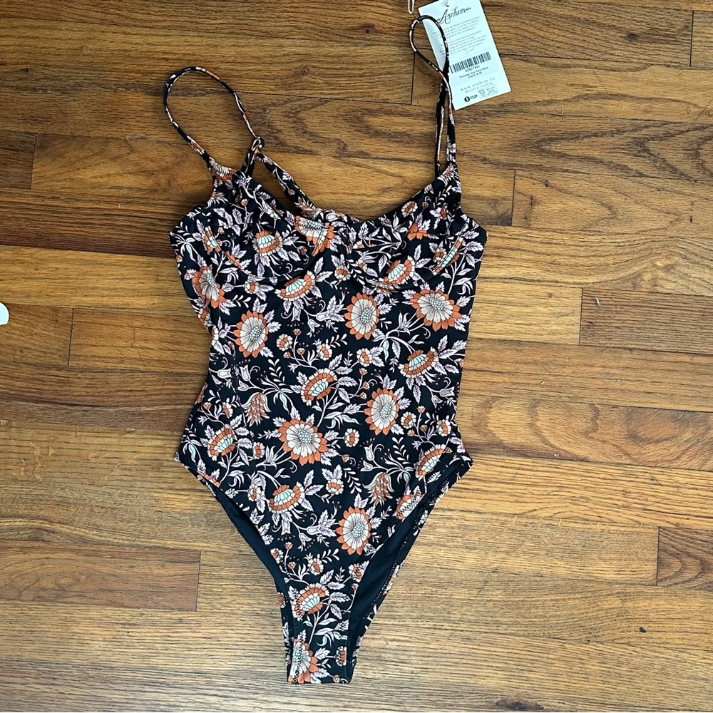 Black and orange floral one-piece swimsuit with tie-up back